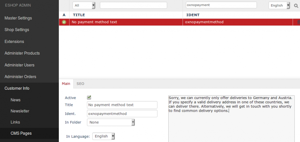 geo-blocking adapt CMS snippet for error message in OXID eShop